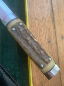 Puma Knife: Puma 1981 Vintage 3573 Boot Knife with Stag Handle Sheath in Puma Green/Yellow Box