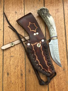 Ken Richardson Custom Handmade 4.5" Hunter Upswept Blade Hunting Knife with Deer Antler Handle & Custom Sheath