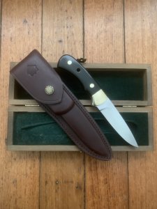 Puma Knife: Puma Original 1980's-90's 4 Star Fixed Blade Knife with Black Ebony Handle in Original Wooden Box