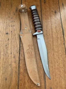 Solingen Germany EUROCUT Original 6" Blade Bowie Knife with Wood Stacked Handle & Leather Sheath