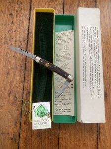 Puma Knife: Puma 1984 Bantam Folding Knife with Stag Antler Handle & Original Green & Yellow Box  #40482