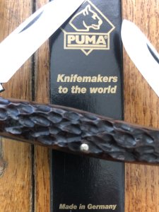 Puma Knife: Puma rare vintage 1974  'STOCK' 3 blade Fold back Knife with Dark Brown Jigged Bone Handle