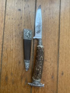 German Knife: 1980's Jagdnicker Hunting & Fishing Scene Knife with Stag Handle & Sheath