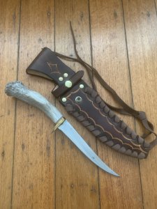 Ken Richardson Custom Handmade 6" Fillet Blade Hunting Knife with Deer Antler Handle & Custom Sheath