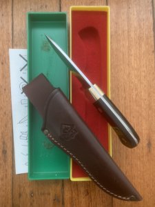 Puma Knife: Puma Original 1985 4 Star Fixed Blade Knife with Black Micarta Handle in Dark Brown Puma Sheath & Box