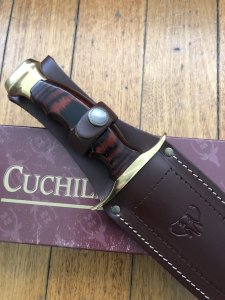 Muela Knife: Muela Big Bowie Coral Wood Laminated Handle & Leather Sheath