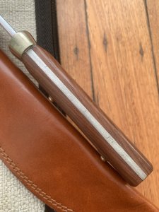 Puma Knife: 1987 Puma Big Big Bowie knife with Wooden Handle in original Tan Leather Sheath & Case