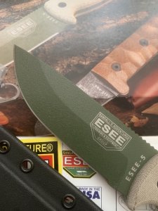 ESEE Knives- ESEE-5 Knife with Ivory Beige Micarta Handle Green Blade & Black Kydex Sheath