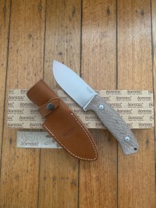 LionSTEEL Italy. Model M3 CVN Natural Canvas Micarta Handle with Leather Sheath
