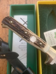 Puma Knife: Puma 1987 Jagdnicker Knife with Stag Handle & Green & Yellow Box