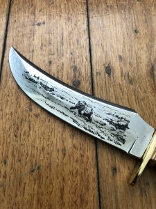 Solingen Germany Upswept Blade with Grizzly Bear Scene Hunting Knife in Sheath & Box