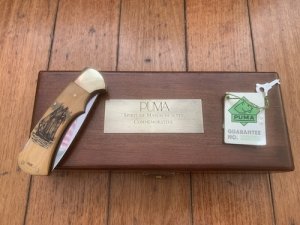 Puma Knife: Limited Edition 1983 715 4 Star Spirit of Massachusetts Scrimshawed Handle in Wooden Presentation Box