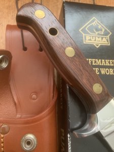 Puma Knife: Puma Rare 1999 Auto White Hunter Knife with Mid Brown sheath and Puma Box