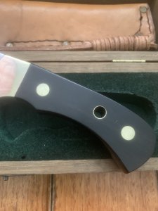 Puma Knife: Puma Original 1980's-90's 4 Star Fixed Blade Knife with Black Micarta Handle-Tan Sheath in Original Wooden Box