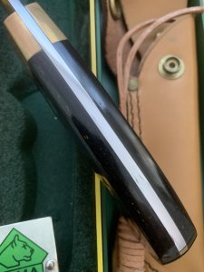 Puma Knife: Puma Original 1992 4 Star Fixed Blade Knife with Black Ebony Handle in Original Green and Yellow Box #26291