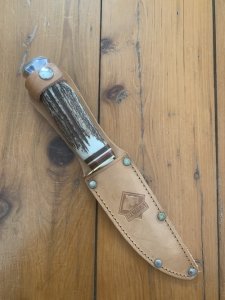 Puma Knife: Puma Circa 1980's Original Model 17 Medium Scout/Hunter Knife with Sambar Handle and Original Sheath