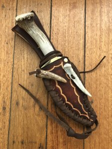 Ken Richardson Custom Handmade 5" Bowie Blade Hunting Knife with Deer Antler Handle & Custom Sheath