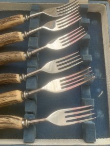 ASHBERRY Sheffield England 1930's-50's 12 Piece Stag Handled Knife & Fork Set.