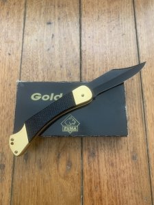 Puma Knife: Puma Rare 1988 Commando 24 Carat GOLD 88 Model Lock back Knife with Black ABS Handle & Original Box #44882