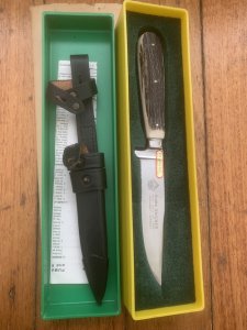 Puma Knife: Puma 1980's Gnicker Knife with Stag Handle & Original Green & Yellow Box