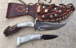 Ken Richardson Custom Handmade 6" Bowie & 3" Drop Point Piggy Back Set Deer Antler Handle & Custom Sheath