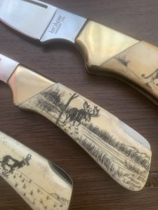 Kershaw Knife: 1982 Rare Scrimshawed set of 3 Knives in Presentation Box #142/1000