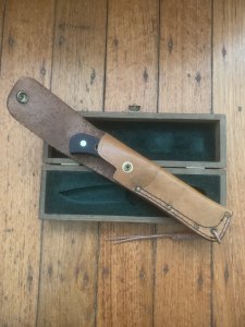 Puma Knife: Puma Original 1980's-90's 4 Star Fixed Blade Knife with Black Micarta Handle-Tan Sheath in Original Wooden Box