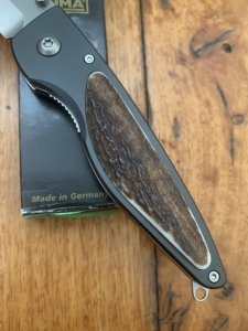 Puma Knife: Puma 2002 Handic Black Frame & Dark Stag Slab Linerlock Folding Knife
