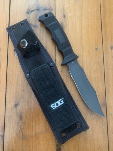SOG M37 SEAL PUP Part Serrated Edge Graphite finish Blade Knife and Cordura Tactical sheath