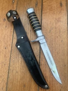 Solingen Germany EUROCUT Original 5 1/4" Thin Blade Bowie Knife with Dark Wood Stacked Handle & Black Leather Sheath