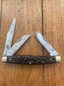 Puma Knife: Puma 1971 Rare 'USER'  'STOCK' 3 blade Fold back Knife with Red Bone Handle