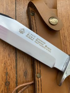 Puma Knife: 1990 Puma Big Big Bowie knife with Stag Antler Handle in original Tan Brown Sheath