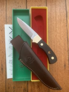 Puma Knife: Puma Original 1985 4 Star Fixed Blade Knife with Black Micarta Handle in Dark Brown Puma Sheath & Box