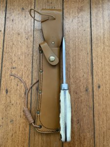 Puma Knife: 1990 Puma Big Big Bowie knife with Stag Antler Handle in original Tan Brown Sheath