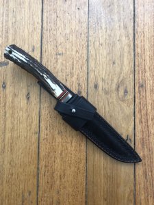 Damascus Knife: Japanese Made 45 Layer Damascus BushCraft Knife with Red Stag Antler Handle and Custom Keith Fludder Sheath
