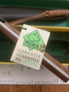 Puma Knife: Puma 1987 FAHRTENMESSER Jacaranda Wood in Original Sheath and Plastic Box with Tag