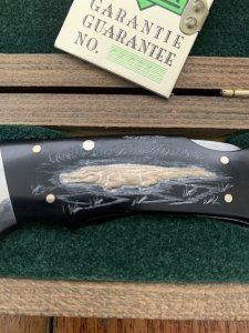 Puma Knife: Puma 1990 Australian Wildlife Collection 'Crocodile' model 985 Custom Folding Knife with Ebony Handle Original Box and matching Warranty #169/200