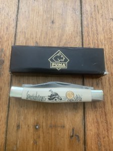 Puma Knife: Puma Original Stockman Knife with Faux Bone Handle And Scrimshawed Duck in Box
