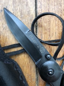 Kizlyar Knife: Kizlyar Original Model Biker-2 Folding Knife with Buffalo Handle and Leather Pouch