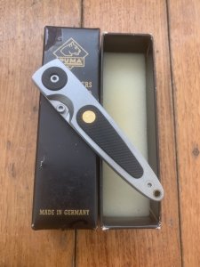 Puma Knife: Puma HUNTEC II Plain Edge Black Handled Linerlock Folding Knife in Puma Box