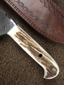 Damascus Knife: Damascus "White Hunter" Knife with Sambar Deer Antler Handle Mid Brown Sheath No2
