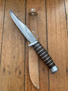 Solingen Germany EUROCUT Original 6" Blade Bowie Knife with Wood Stacked Handle & Leather Sheath