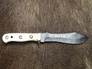 SOS Damascus *PUMA White Hunter* Knife with White Bone Handle & Leather Sheath