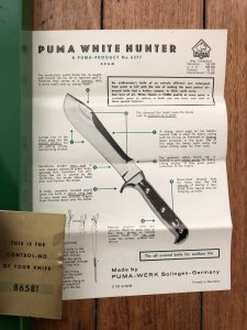 Puma Knife: Puma Original 1968 White Hunter 6377 in original box warranty and additional Paperwork #86581