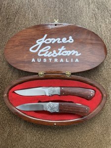 John Jones Australian Made Twin Set of Fixed Blade & Folding Knife in Custom Box