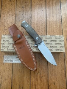 LionSTEEL Italy. Model M5 CVG-2 Green Canvas Micarta Handle with Leather Sheath