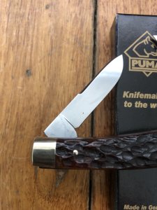 Puma Knife: Puma rare vintage 1974  'STOCK' 3 blade Fold back Knife with Dark Brown Jigged Bone Handle