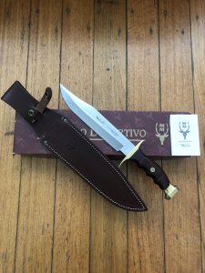 Muela Knife: Muela Big Bowie Coral Wood Laminated Handle & Leather Sheath