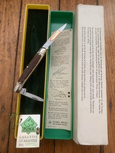Puma Knife: Puma 1984 Bantam Folding Knife with Stag Antler Handle & Original Green & Yellow Box  #40482