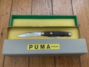 Puma Knife: Puma Mint Rare 1969 'STOCK' 3 blade Knife with Dark Brown Jigged Bone Handle and Box #96744